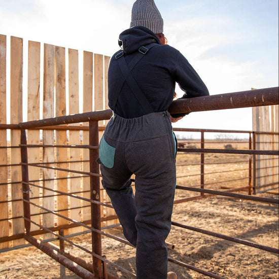 Person standing on a metal fence in an open field with blue sky in the background.