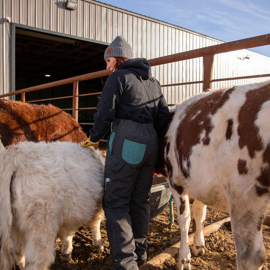 Person interacting with animals in a barn setting