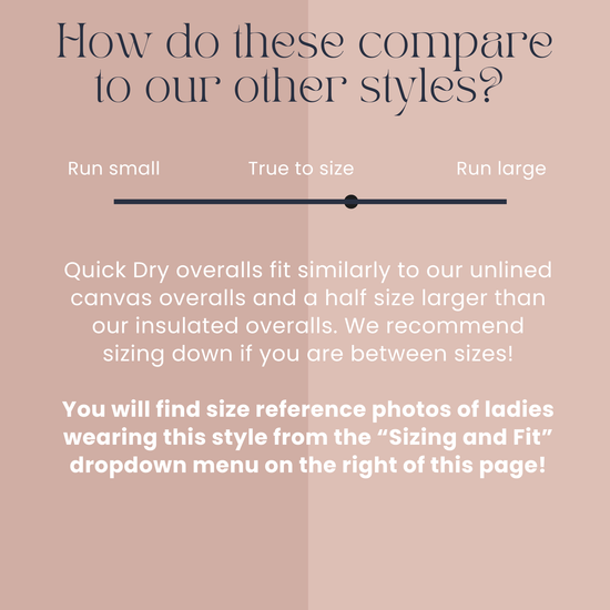Sizing guide for Quick Dry overalls with text on a pink background