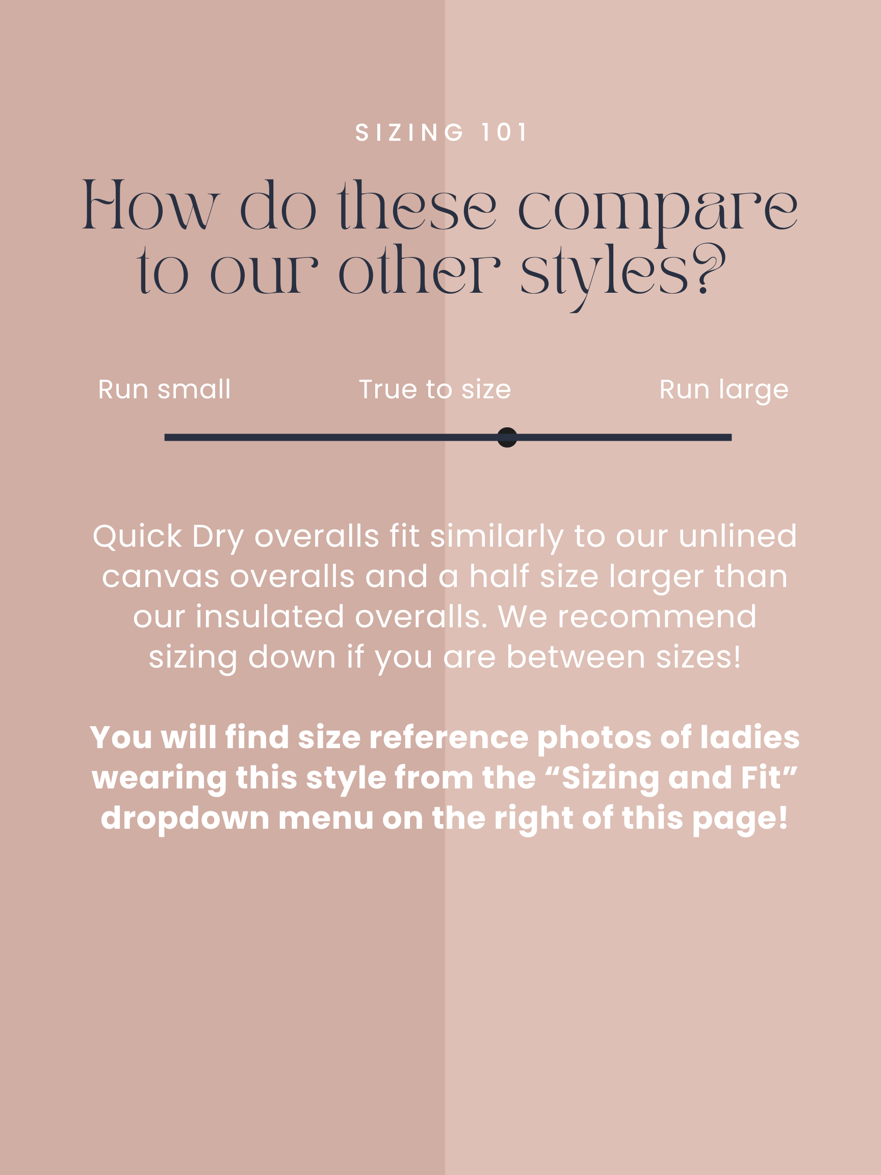 Sizing guide for Quick Dry overalls with text on a pink background