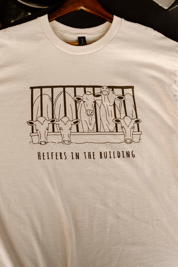White t-shirt with black graphic of cows and text 'Heifers in the Building' on a hanger.