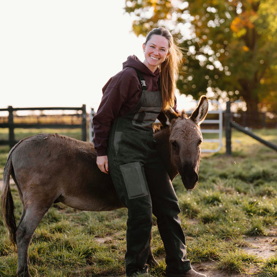 Woman standing next to a donkey wearing grey overalls in a grassy field with trees in the background