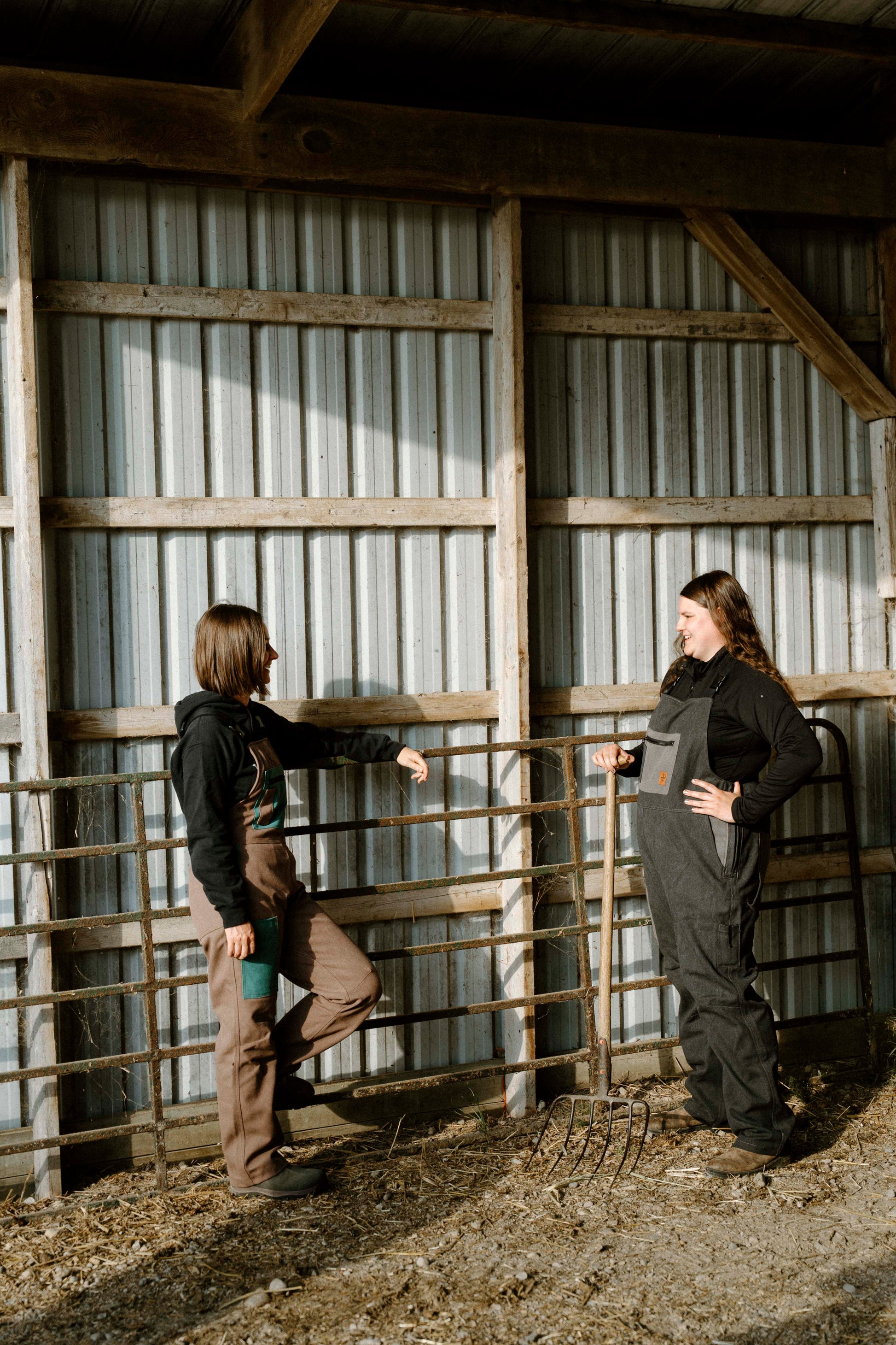 Two people standing inside a barn, one reaching out to touch a metal gate.