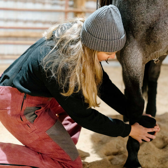 Person kneeling down to check a horse's foot in an indoor arena